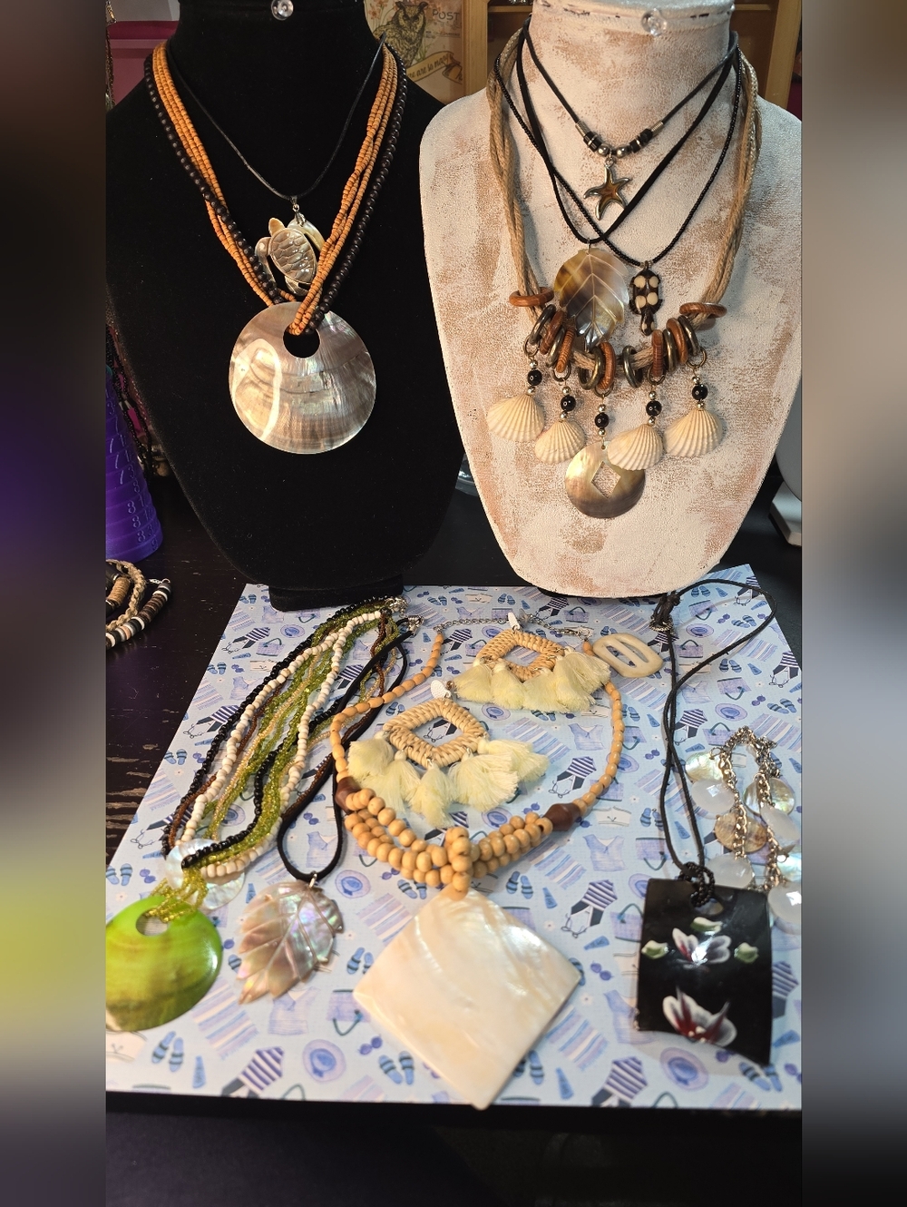 Seashell theme jewelry bundle Mother of pearl seashelll wood 13 pieces